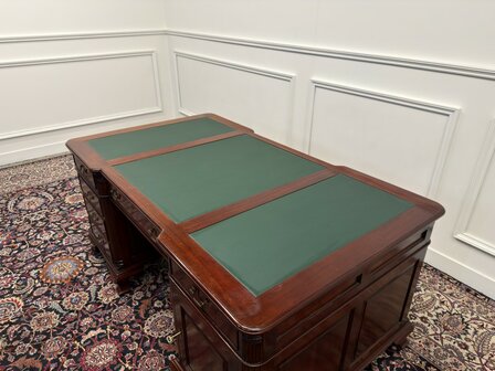 Klassiek-Engels-Antiek-Oud-Vintage-Chesterfield-Bureau-Desk-Partnerdesk-Groen-Leder-Ingelegd