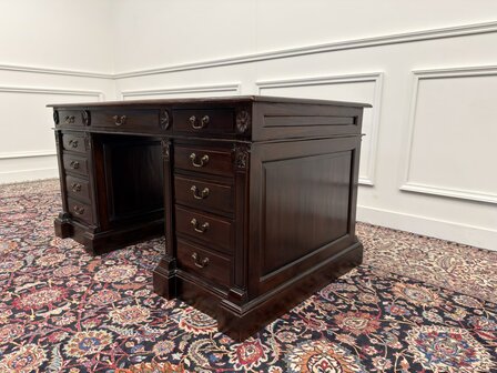 Klassiek-Engels-Antiek-Oud-Vintage-Chesterfield-Bureau-Desk-Groen-Leder-Ingelegd