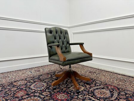 Klassiek-Engels-Antiek-Oud-Vintage-Chesterfield-Groene-Bureaustoel-President-Chair