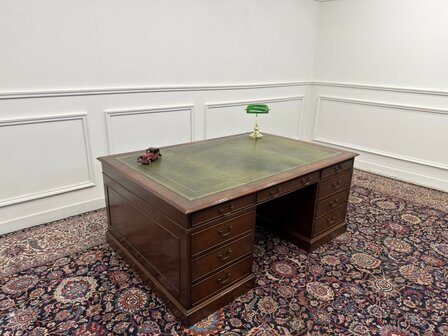 Groot-Klassiek-Engels-Antiek-Oud-Vintage-Chesterfield-Bureau-Desk-Partnerdesk-Groen-Leder-Ingelegd