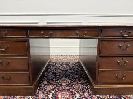 Groot-Klassiek-Engels-Antiek-Oud-Vintage-Chesterfield-Bureau-Desk-Partnerdesk-Groen-Leder-Ingelegd