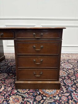 Groot-Klassiek-Engels-Antiek-Oud-Vintage-Chesterfield-Bureau-Desk-Partnerdesk-Groen-Leder-Ingelegd