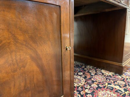 Groot-Klassiek-Engels-Antiek-Oud-Vintage-Chesterfield-Bureau-Desk-Partnerdesk-Groen-Leder-Ingelegd