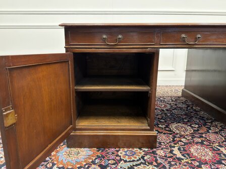 Groot-Klassiek-Engels-Antiek-Oud-Vintage-Chesterfield-Bureau-Desk-Partnerdesk-Groen-Leder-Ingelegd