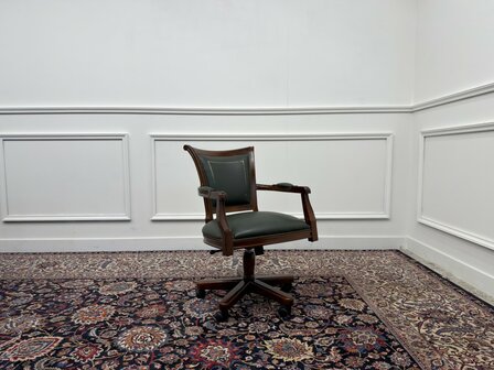 Klassiek-Antiek-Engels-Oud-Chesterfield-Bureaustoel-President-Chair-Groen-Leder