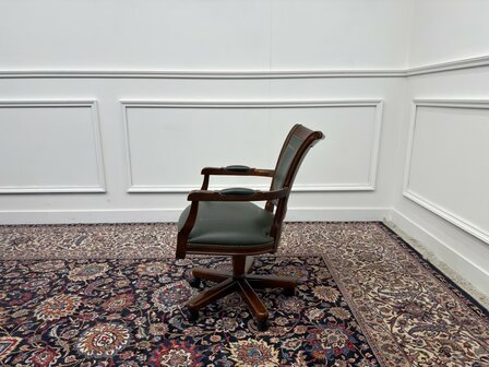 Klassiek-Antiek-Engels-Oud-Chesterfield-Bureaustoel-President-Chair-Groen-Leder