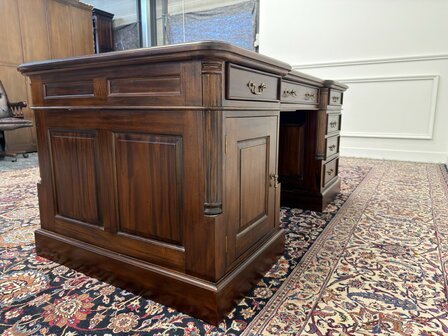 Klassiek-Antiek-Engels-Oud-Chesterfield-Bureau-Desk-Partnerdesk-Groen-Leder-Ingelegd