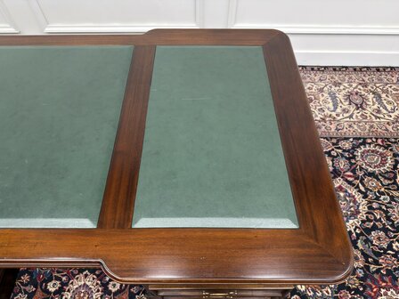 Klassiek-Antiek-Engels-Oud-Chesterfield-Bureau-Desk-Partnerdesk-Groen-Leder-Ingelegd