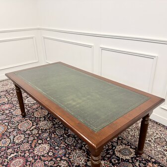 Klassiek-Antiek-Engels-Oud-Chesterfield-Bureau-Schrijftafel-Groen-Leder