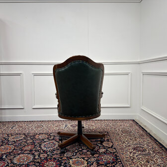 Klassiek-Engels-Antiek-Oud-Vintage-Chesterfield-Bureaustoel-President-Chair-Groen-Leder