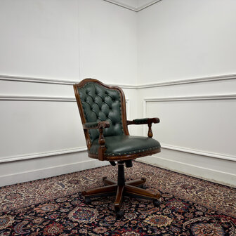 Klassiek-Engels-Antiek-Oud-Vintage-Chesterfield-Bureaustoel-President-Chair-Groen-Leder
