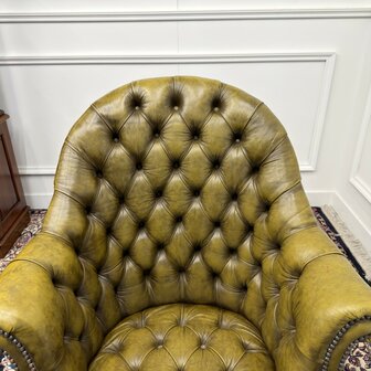Engels-Klassiek-Oud-Antiek-Vintage-Chesterfield-Bureaustoel-Director-Directors-Chair-Groen-Leder