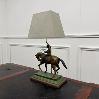 Klassiek-Engels-Antiek-Oud-Brons-Bronze-Lamp-Tafellamp-Ruiter