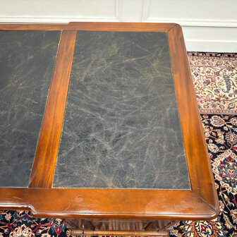 Klassiek-Engels-Oud-Antiek-Chesterfield-Vintage-Bureau-Desk-Partnerdesk-Zwart-Leder