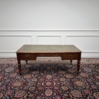 Klassiek-Engels-Antiek-Oud-Vintage-Chesterfield-Bureau-Desk-Schrijftafel-Groen-Leder