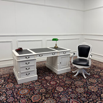 Klassiek-Antiek-Engels-Oud-Vintage-Chesterfield-Wit-Witte-Set-Bureau-Desk-Zwart-Leder-met-Bureaustoel-President-Chair