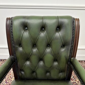 Klassiek-Engels-Antiek-Oud-Vintage-Chesterfield-Bureaustoel-President-Chair-Groen-Leder