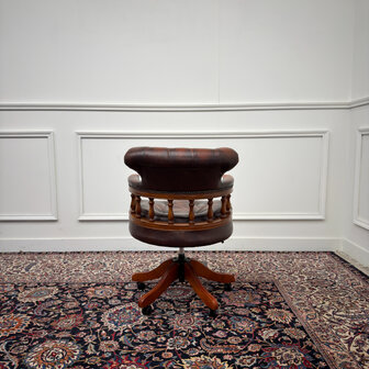 Klassiek-Engels-Antiek-Oud-Vintage-Chesterfield-Bureaustoel-Captain-Chair-Oxblood-Leder