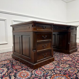 Klassiek-Engels-Antiek-Oud-Vintage-Chesterfield-Bureau-Desk-Partnerdesk-Set-Zwart-Leder-Met-Stoelen