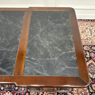 Klassiek-Engels-Antiek-Oud-Vintage-Chesterfield-Bureau-Desk-Partnerdesk-Set-Zwart-Leder-Met-Stoelen