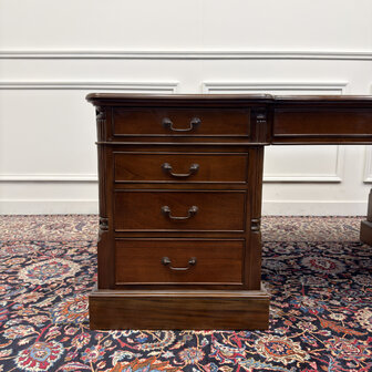 Klassiek-Engels-Antiek-Oud-Vintage-Chesterfield-Zeer-Groot-Bureau-Desk-Partnerdesk-Bruin-Leder