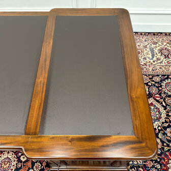 Klassiek-Engels-Antiek-Oud-Vintage-Chesterfield-Zeer-Groot-Bureau-Desk-Partnerdesk-Bruin-Leder