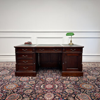 Klassiek-Engels-Antiek-Oud-Vintage-Chesterfield-Bureau-Desk-Groen-Leder-met-Achterschot