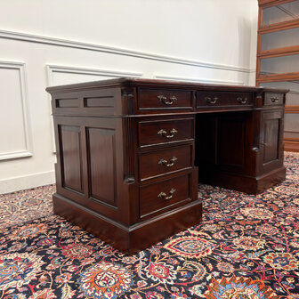 Klassiek-Engels-Antiek-Oud-Vintage-Chesterfield-Bureau-Desk-Groen-Leder-met-Achterschot