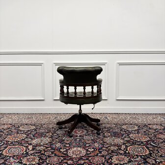 Klassiek-Engels-Antiek-Oud-Vintage-Chesterfield-Bureaustoel-Captain-Chair-Groen-Leder