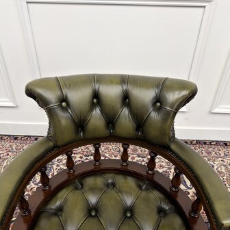 Klassiek-Engels-Antiek-Oud-Vintage-Chesterfield-Bureaustoel-Captain-Chair-Groen-Leder