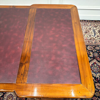 Klassiek-Oud-Antiek-Engels-Vintage-Chesterfield-Bureau-Desk-Partnerdesk-Bordeaux-Rood-Leder