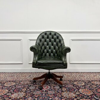 Klassiek-Engels-Chesterfield-Antiek-Oud-Vintage-Bureaustoel-Director-Directors-Chair-Groen-Leder-2
