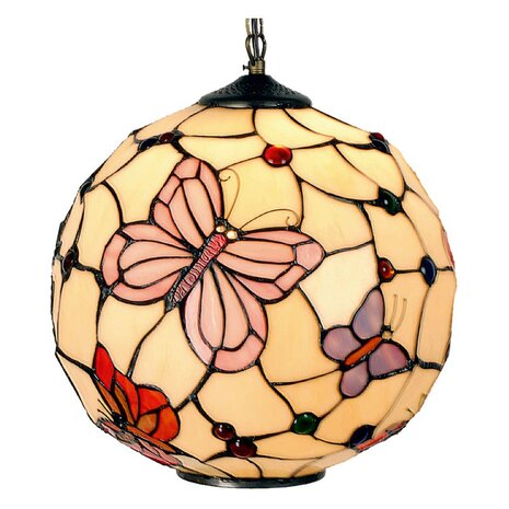 Ronde-Tiffany hanglamp-beige-met-vlinders-glas-in-lood-1