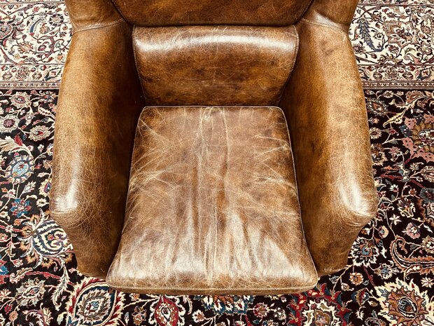 Klassiek-Engels-Antiek-Chesterfield-Schaapslederen-Schaas-Leer-Fauteuil