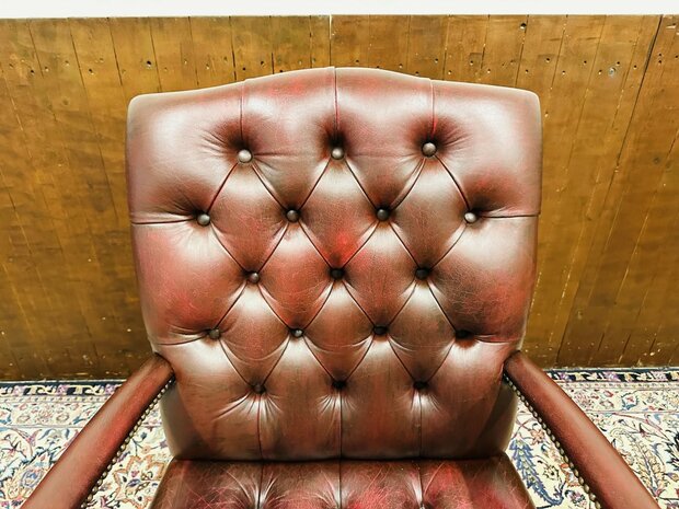 Klassiek-Engels-Antiek-Oud-Oxblood-Lederen-Bureaustel-President-Chair