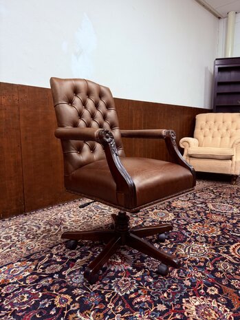 Engels-Antiek-Klassiek-Chesterfield-Bureaustoel-President-Chair-Bruin-Leder-6