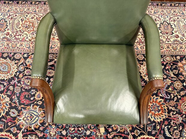 Klassiek-Engels-Antiek-Oud-Chesterfield-Bureaustoel-President-Chair-Groen-Leder-5