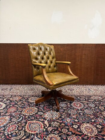 Klassiek-Engels-Antiek-Oud-Chesterfield-Bureaustoel-President-Chair-Geel-Leder