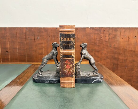Klassiek-Oud-Antiek-Franse-Boxer-Boekensteunen-van-Brons-met-Natuurstenen-Voet