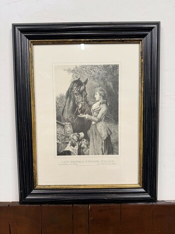 Klassiek-Engels-Antiek-Oud-Chesterfield-Prent-Lady-Redfield-With-Her-Stallion