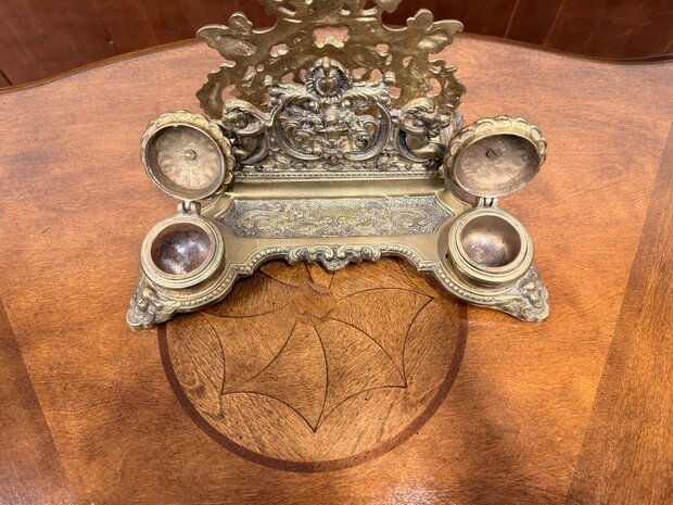 Klassiek-Engels-Antiek-Oud-Messing-Inktstel-met-Briefhouder-en-Postzegel-Kist