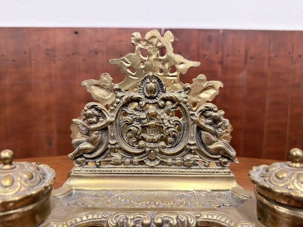 Klassiek-Engels-Antiek-Oud-Messing-Inktstel-met-Briefhouder-en-Postzegel-Kist