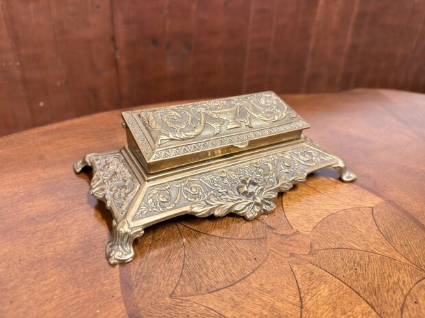 Klassiek-Engels-Antiek-Oud-Messing-Inktstel-met-Briefhouder-en-Postzegel-Kist