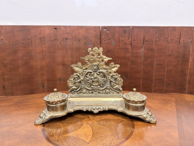 Klassiek-Engels-Antiek-Oud-Messing-Inktstel-met-Briefhouder-en-Postzegel-Kist
