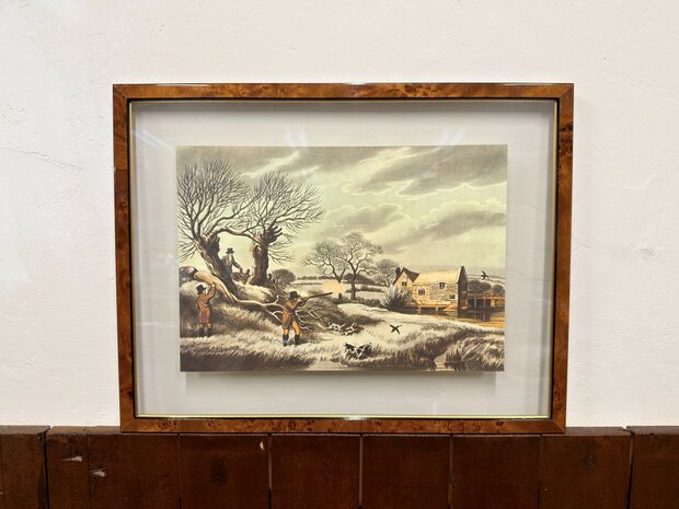 Klassiek-Oud-Antiek-Engels-Prent-Snipe-Shooting-Wortelnotenhout-Lijst