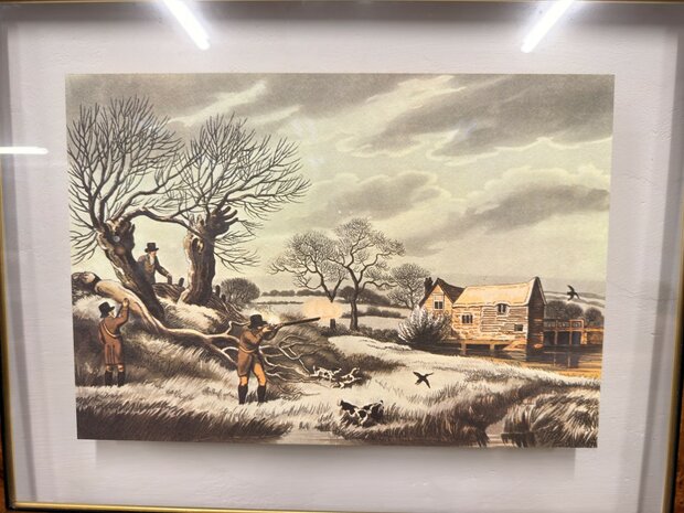 Klassiek-Oud-Antiek-Engels-Prent-Snipe-Shooting-Wortelnotenhout-Lijst-2