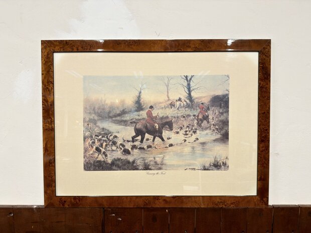 Klassiek-Oud-Antiek-Engels-Prent-Crossing-The-Ford-met-Wortelnotenhout-Lijst