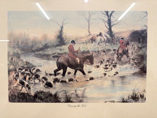 Klassiek-Oud-Antiek-Engels-Prent-Crossing-The-Ford-met-Wortelnotenhout-Lijst-2