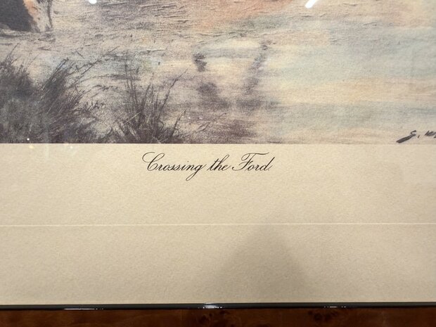 Klassiek-Oud-Antiek-Engels-Prent-Crossing-The-Ford-met-Wortelnotenhout-Lijst-3