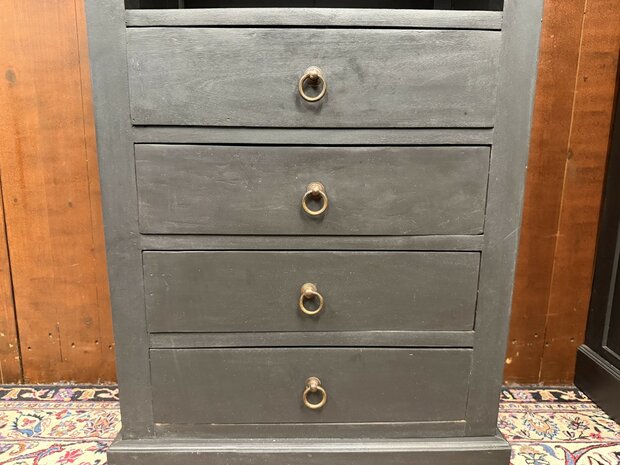 Klassiek-Engels-Antiek-Oud-Chesterfield-Teak-Boekenkast-Kast-Zwart